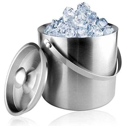 Premium Cubitera, Cubo Hielo Acero Inox Aislado de Doble Pared con Mango Tapa y Pinzas para BBQs Cócteles Fiestas Cumpleaños y Aniversarios (2L)