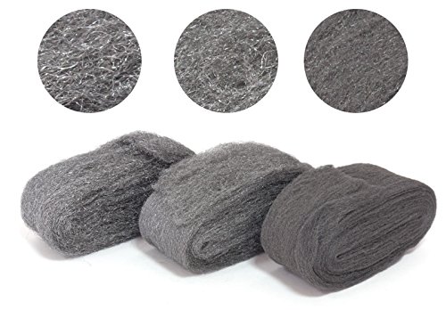 Premium lana de acero (7 cm) – Juego de pulido de metal (3 x 150) grado de delicadeza fino grueso medio – para acero, latón, cobre, cromo, aluminio, madera, etc. Hilo de acero.