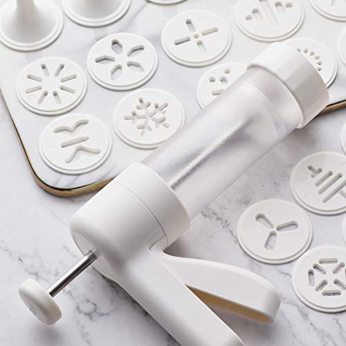 Prensador de Metal para Galletas, DIY Multifuncional Categoría Alimenticia Plástico Fabricante Galleta Torta con 16 Discos y 6 Consejos de Formación, Agarre de Confort,Blanco