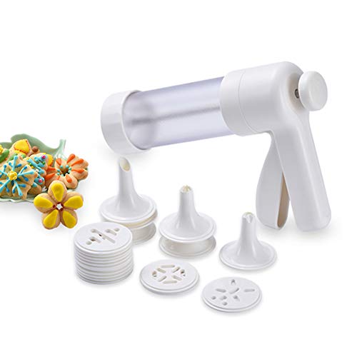 Prensador de Metal para Galletas, DIY Multifuncional Categoría Alimenticia Plástico Fabricante Galleta Torta con 16 Discos y 6 Consejos de Formación, Agarre de Confort,Blanco