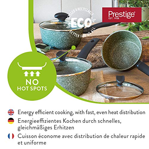 Prestige Eco batería de Cocina de 3 Piezas, cazos antiadherentes con Tapa, menaje de Cocina de Aluminio Reciclado con Antiadherente Vegetal, Set de Calidad para Todas Las cocinas