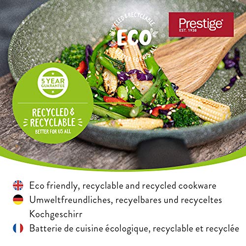 Prestige Eco Wok Antiadherente de 28 cm, sartén de Aluminio Reciclado con Antiadherente de Base Vegetal, Wok Redondo Apto para lavavajillas con 5 años de garantía