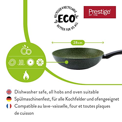 Prestige Eco Wok Antiadherente de 28 cm, sartén de Aluminio Reciclado con Antiadherente de Base Vegetal, Wok Redondo Apto para lavavajillas con 5 años de garantía