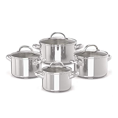 Prestige Juego de cacerolas de Acero Inoxidable, 4 cazuelas con Tapa, batería de Cocina para inducción de 16, 18, 20 y 24 cm con Escala de medición, Acero Inoxidable, Plateado