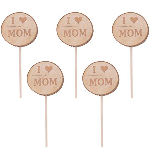 PRETYZOOM 5Pcs Cake Toppers I Love Mom Design Wooden Vintage Cupcake Toppers Postre Topper Cake Picks para El Día de La Madre Decoración de La Torta de Cumpleaños (Caqui)
