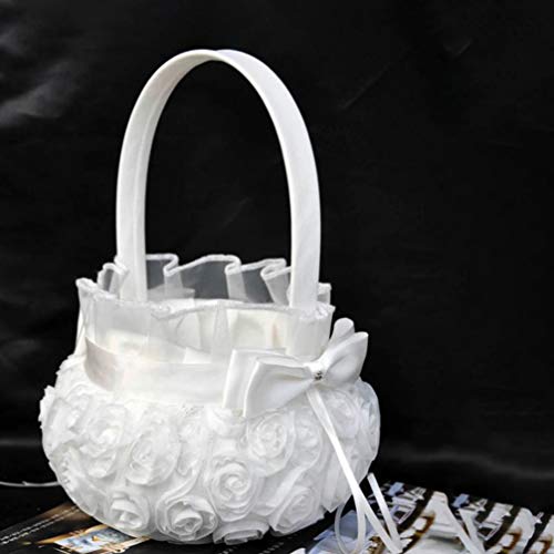 PRETYZOOM Cesta de Niña de Las Flores Cesta de Pétalos de Flores Rosa Bordada Decoración de La Ceremonia de Boda Romántica Suministros de Fiesta de Bodas (Blanco)
