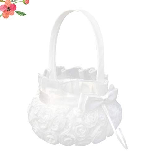 PRETYZOOM Cesta de Niña de Las Flores Cesta de Pétalos de Flores Rosa Bordada Decoración de La Ceremonia de Boda Romántica Suministros de Fiesta de Bodas (Blanco)