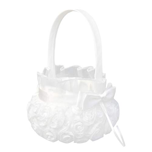 PRETYZOOM Cesta de Niña de Las Flores Cesta de Pétalos de Flores Rosa Bordada Decoración de La Ceremonia de Boda Romántica Suministros de Fiesta de Bodas (Blanco)