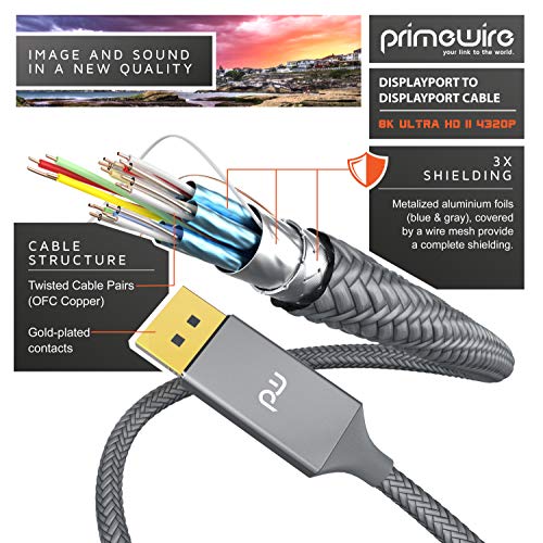 Primewire - Cable Premium 8K DisplayPort a DisplayPort– 3m - DP1.4 – UHD II – 8K –7680 x 4320 @ 60 Hz (con DSC) – HBR3 – Contactos Dorados – para Ordenadores de sobremesa y portátiles con DP