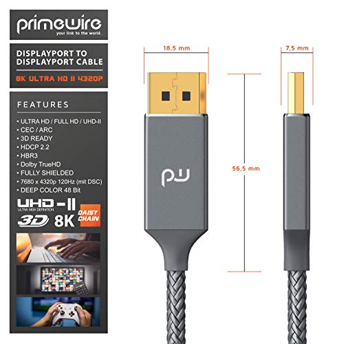 Primewire - Cable Premium 8K DisplayPort a DisplayPort– 3m - DP1.4 – UHD II – 8K –7680 x 4320 @ 60 Hz (con DSC) – HBR3 – Contactos Dorados – para Ordenadores de sobremesa y portátiles con DP