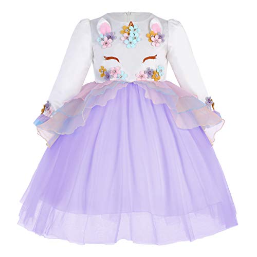 Princesa Bebé Niña Vestido Unicornio Cumpleaños Disfraz deCosplay para Fiesta Carnaval Navidad Bautizo Comunión Boda Manga Larga 002 Morado(2PCS) 4-5 años