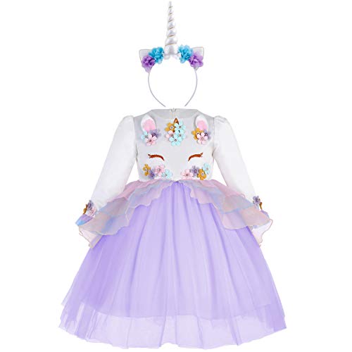 Princesa Bebé Niña Vestido Unicornio Cumpleaños Disfraz deCosplay para Fiesta Carnaval Navidad Bautizo Comunión Boda Manga Larga 002 Morado(2PCS) 4-5 años