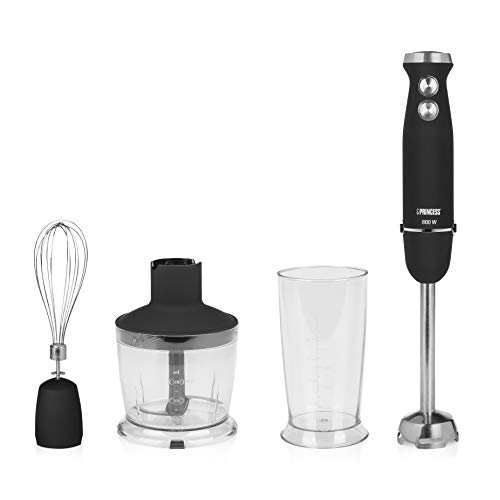 Princess 221220 - Set de batidora de mano con control de velocidad, 800 W, incluye taza de medir, picador y batidor, acero Inoxidable, acabado de goma, negro