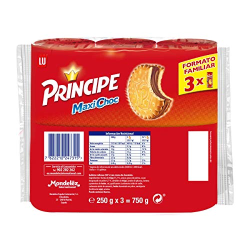 Príncipe Maxi Choc - Galletas Rellenas con Extra de Chocolate con Leche - 3 Paquetes de 250 g