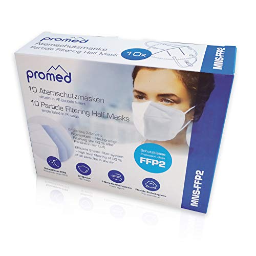 Promed Mascarilla Facial Antipolvo FFP2/KN 95, Mascarilla de protección respiratoria, Certificado CE EN149:2001 para Mascarillas Higiénicas - 10 Unidades, empaquetadas individualmen