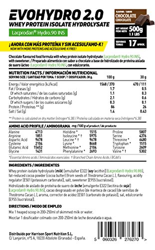 Proteína Hidrolizada de Suero de HSN Sports | Evohydro 2.0 (Hydro Whey) | A partir de Whey Protein Isolate, Proteína Vegetariana, Sin Gluten, Sin Lactosa, Sabor Chocolate, 500 g