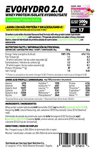 Proteína Hidrolizada de Suero de HSN Sports | Evohydro 2.0 (Hydro Whey) | A partir de Whey Protein Isolate, Proteína Vegetariana, Sin Gluten, Sin Lactosa, Sabor Fresa y Chocolate Blanco, 500g