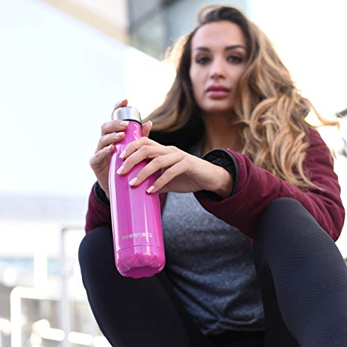 Proworks Botellas de Agua Deportiva de Acero Inoxidable | Cantimplora Termo con Doble Aislamiento para 12 Horas de Bebida Caliente y 24 Horas de Bebida Fría - Libre de BPA - 1L - Rosa
