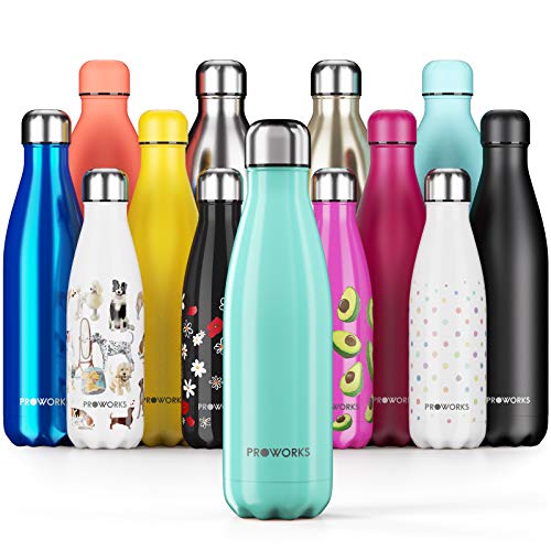 Proworks Botellas de Agua Deportiva de Acero Inoxidable | Cantimplora Termo con Doble Aislamiento para 12 Horas de Bebida Caliente y 24 Horas de Bebida Fría - Libre de BPA - 750ml – Verde