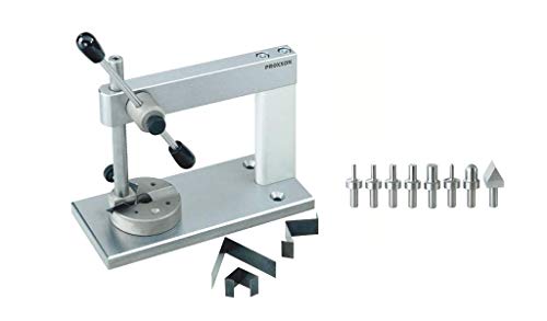 Proxxon 27200 Micro-Press MP 120 y 5 Sellos cilíndricos con Perfil semiesférico, Prisma cantantal, Retorno, Fuerza de presión de Aprox. 1000 N, Placa Base de Acero, 100 kg, 80 x 190 mm