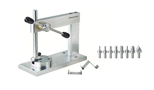 Proxxon 27200 Micro-Press MP 120 y 5 Sellos cilíndricos con Perfil semiesférico, Prisma cantantal, Retorno, Fuerza de presión de Aprox. 1000 N, Placa Base de Acero, 100 kg, 80 x 190 mm