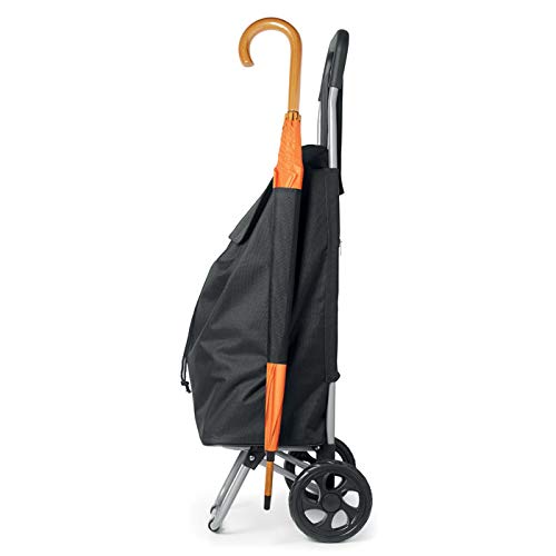 Publiclick Carrito de la Compra de poliéster 600D Negro, Mecanismo Plegable para fácil Almacenamiento. Bolsillo con Cremallera y Soporte para Paraguas, Medidas 37X30X96cm