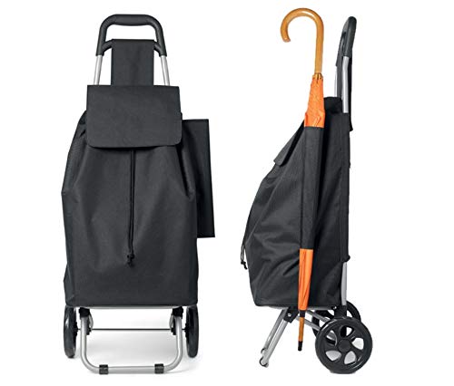 Publiclick Carrito de la Compra de poliéster 600D Negro, Mecanismo Plegable para fácil Almacenamiento. Bolsillo con Cremallera y Soporte para Paraguas, Medidas 37X30X96cm