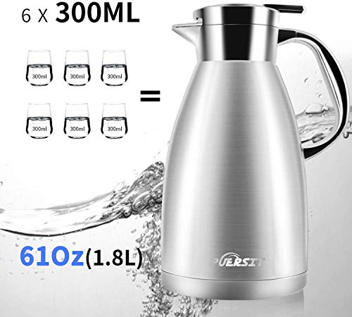 puersit Jarra Térmica 1.8L 304 Acero Inoxidable Doble Pared Aislado al vacío cafetera café Thermos, café émbolo, Zumo/Leche/té Aislamiento Pot