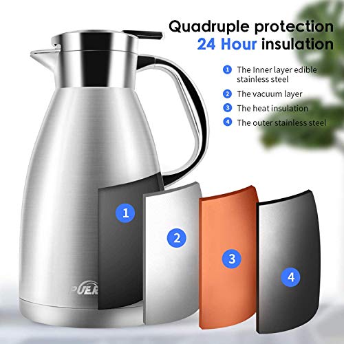 puersit Jarra Térmica 1.8L 304 Acero Inoxidable Doble Pared Aislado al vacío cafetera café Thermos, café émbolo, Zumo/Leche/té Aislamiento Pot