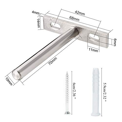 Pulluo Soporte de Estante Flotante 6pcs Soporte de Estante Invisible Oculto T Escondido de Metal Oculto con Tornillos para Muebles Decoración de Pared Soporte de Estantería Plateado, 70 x 68mm