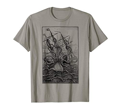 Pulpo gigante Barco pirata Calamar de vela Kraken vintage Camiseta