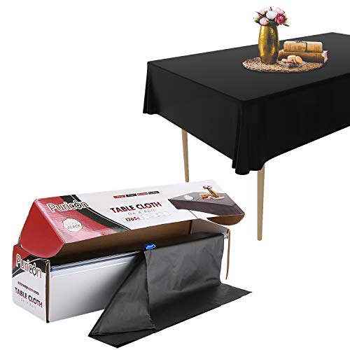 Puricon Rollo de Mantel Plástico 1,37 × 32,9 m con Cortador Seguro, Cubierta Resistente para Mesa Rectangular/Cuadrada/Redonda/Oval –Negro