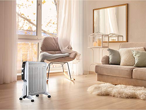PURLINE MR2000W Calefactor Radiador Eléctrico Bajo Consumo con Panel de Mica hasta 2000 W Color Blanco con Ruedas y Termostato
