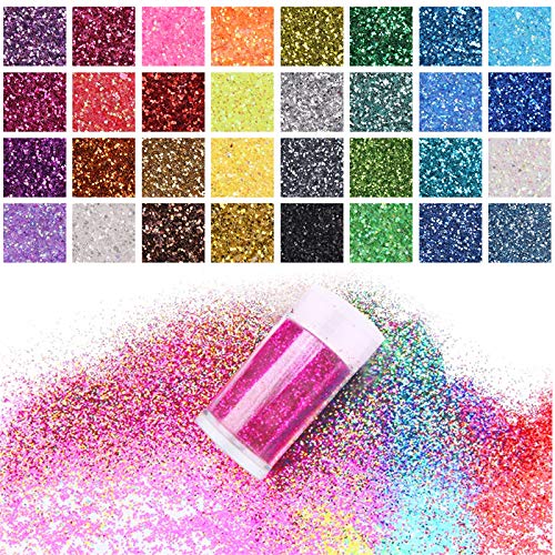 Purpurina Manualidades 32 Colores Purpurina para Disfraces, Maquillaje y Manualidades, Cuerpo, Cabello Uñas y Arte,Tarros de 5g