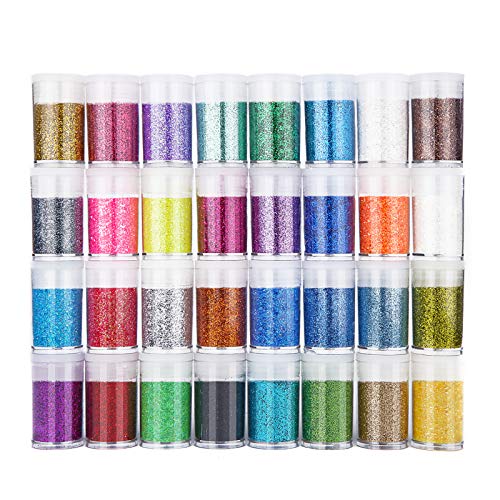 Purpurina Manualidades 32 Colores Purpurina para Disfraces, Maquillaje y Manualidades, Cuerpo, Cabello Uñas y Arte,Tarros de 5g