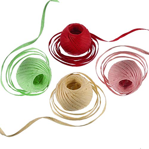 Pveath Cinta de Rafia, 4 Rollos 4 Colores Rafia de Rafia Papel Cinta de Papel de Rafia navideña para el Regalo del día de San Valentín Caja Embalaje