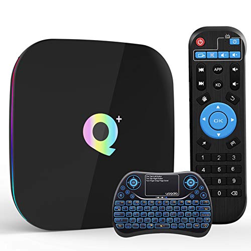Q Plus Android 9.0 TV Box con Mini Teclado inalámbrico retroiluminado, Allwinner H6 Quad-Core 64bit Arm Corter-A53 CPU 4GB RAM 32GB RAM Mali T720 GPU 4K 6K Resolución 2.4GHz WiFi 100M LAN Enternet