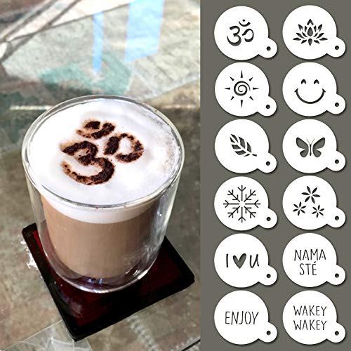 QBIX - Plantilla de capuchino reutilizable para café barista, 12 piezas, yoga, naturaleza y buen ambiente
