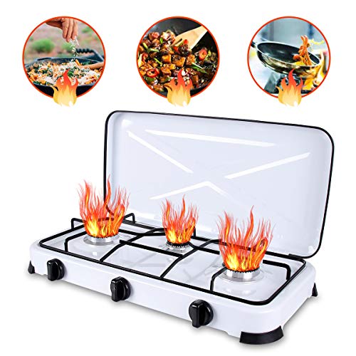 Qdreclod Camping Cocina de Gas 3 Quemadores con Tapa, Quemadores de Cocina de Gas a Prueba de Viento Al Aire Libre,Apta para Macetas de Miferentes Diámetros