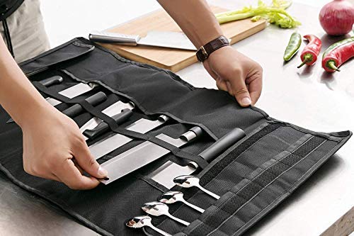 QEES - Rollo de cuchillo de chef, 27 ranuras para cuchillos con asa, tela Oxford duradera para cuchillos de cocina, estuche de almacenamiento para herramientas de viaje