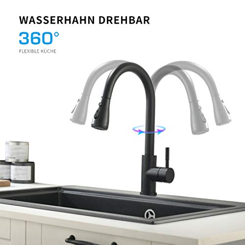 QIANGXIU - Grifo de cocina con sensor táctil, giratorio 360°, color negro, grifo de cocina con alcachofa y grifo mezclador automático con infrarrojos