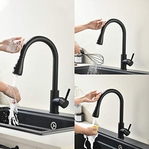 QIANGXIU - Grifo de cocina con sensor táctil, giratorio 360°, color negro, grifo de cocina con alcachofa y grifo mezclador automático con infrarrojos