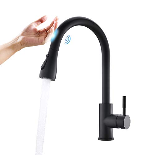 QIANGXIU - Grifo de cocina con sensor táctil, giratorio 360°, color negro, grifo de cocina con alcachofa y grifo mezclador automático con infrarrojos