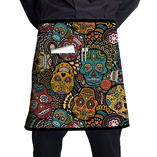 QIAOJIE Delantal Ajustable con Bolsillo para Mujeres, Hombres, Chef, Cocina, hogar, Restaurante, cafetería, cocinar, Hornear, jardinería (Calaveras de azúcar mexicanas)