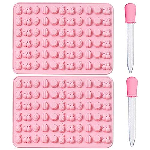 Qiwenr 2 Conjunto Moldes Gominolas Silicona,Moldes Gummy Bandejas Moldes de Silicona para Dulces Gummy，con 2 Goteros de Bonificación(Rosado