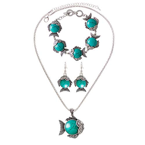 Qixuan Animales de Dibujos Animados de Moda Stereo Fish Ruffles Jewelry Bracelet Necklace Earrings Set Three Pieces Azul
