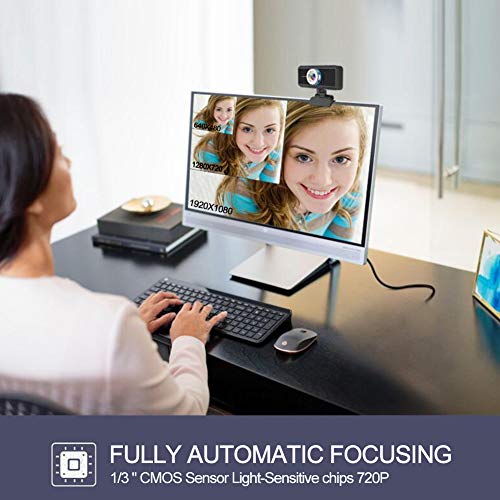 QLPP HD 720P Webcam con micrófono, Plug and Play giratoria, cámara de ordenador USB de pantalla ancha para PC Mac portátil de escritorio de videollamadas y grabación de conferencias