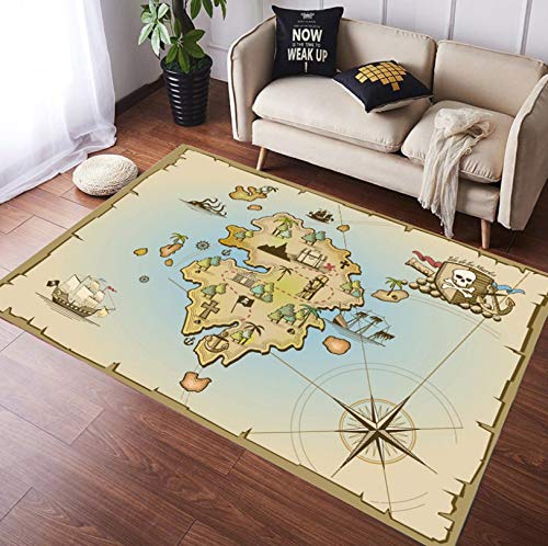 QNYH Alfombra Rectangular De Área De Sala De Estar, Patrón De Pirata De Brújula De Isla De Dibujos Animados, Alfombra De Alfombra De Juguete para Niños Lavable A Máquina 80cmx150cm