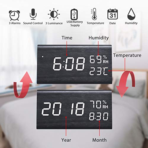 Qoosea Reloj Despertador LED Reloj de Alarma de Madera