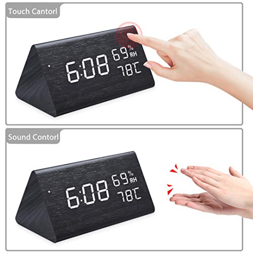 Qoosea Reloj Despertador LED Reloj de Alarma de Madera